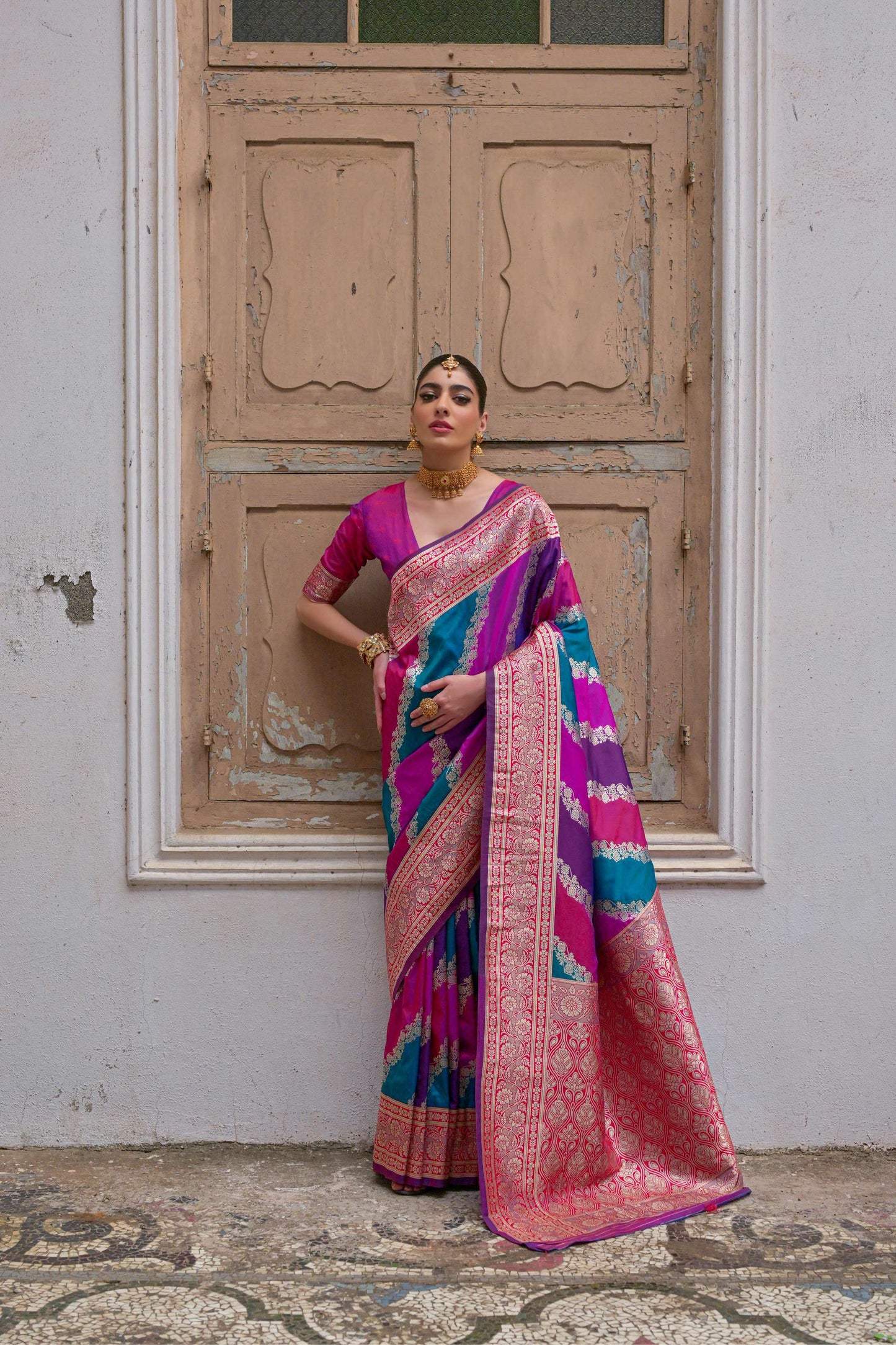 Jyoti Fashion Women's Multicolor Banarasi Silk Zari Woven Saree with Blouse