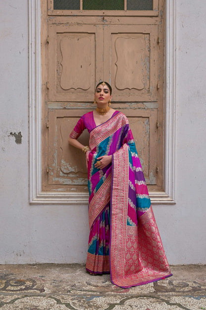 Jyoti Fashion Women's Multicolor Banarasi Silk Zari Woven Saree with Blouse