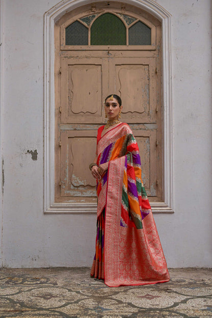Jyoti Fashion Women's Multicolor Banarasi Silk Zari Woven Saree with Blouse