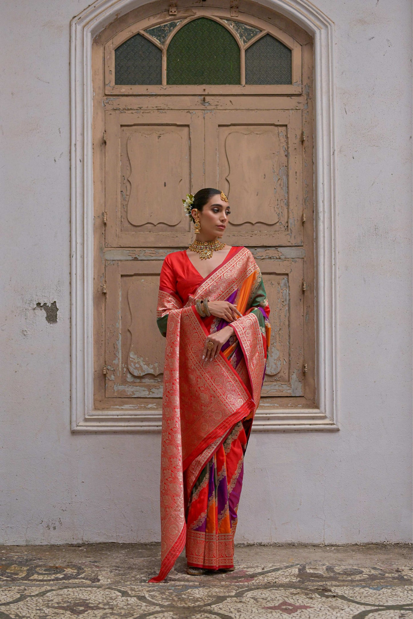 Jyoti Fashion Women's Multicolor Banarasi Silk Zari Woven Saree with Blouse