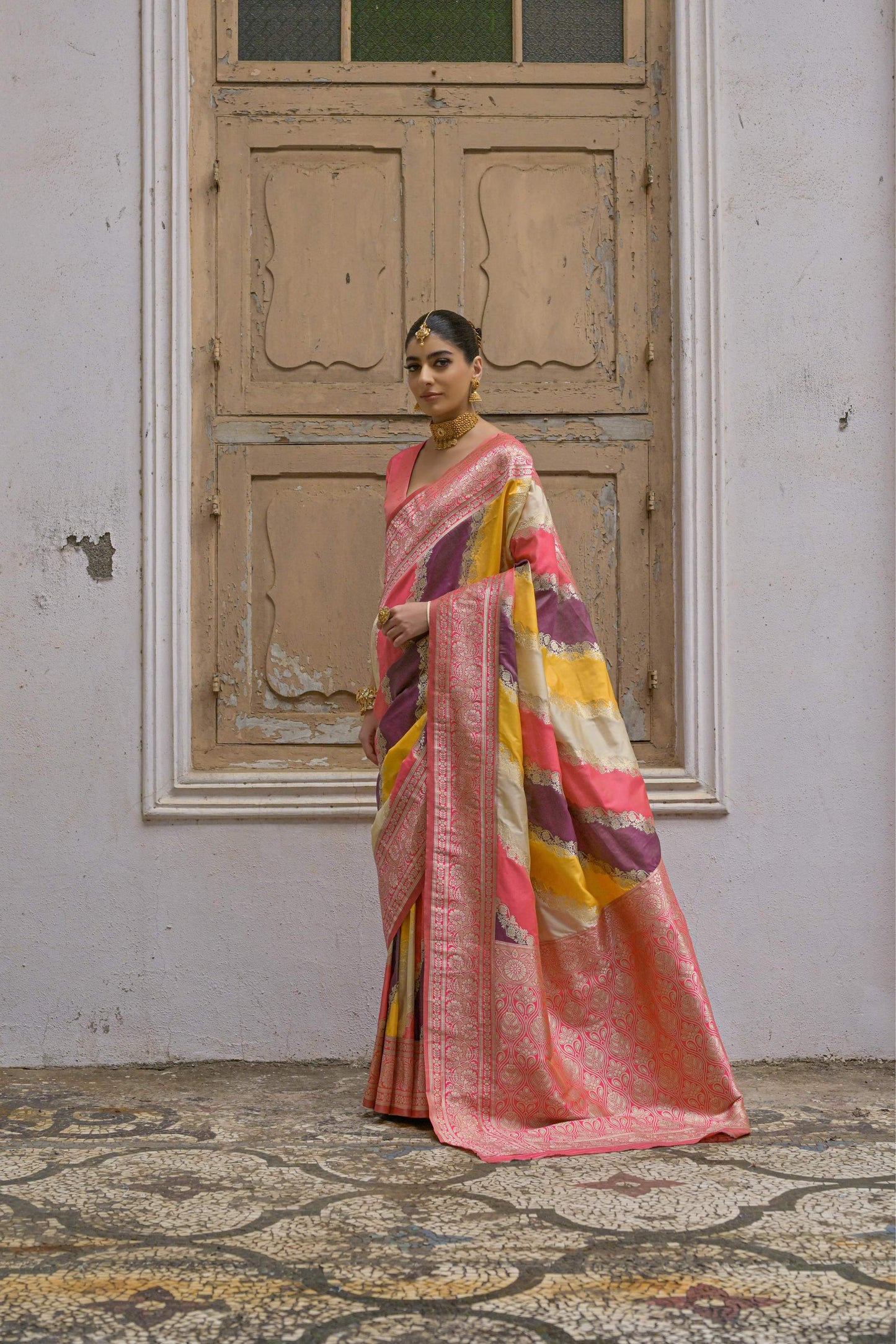 Jyoti Fashion Women's Multicolor Banarasi Silk Zari Woven Saree with Blouse
