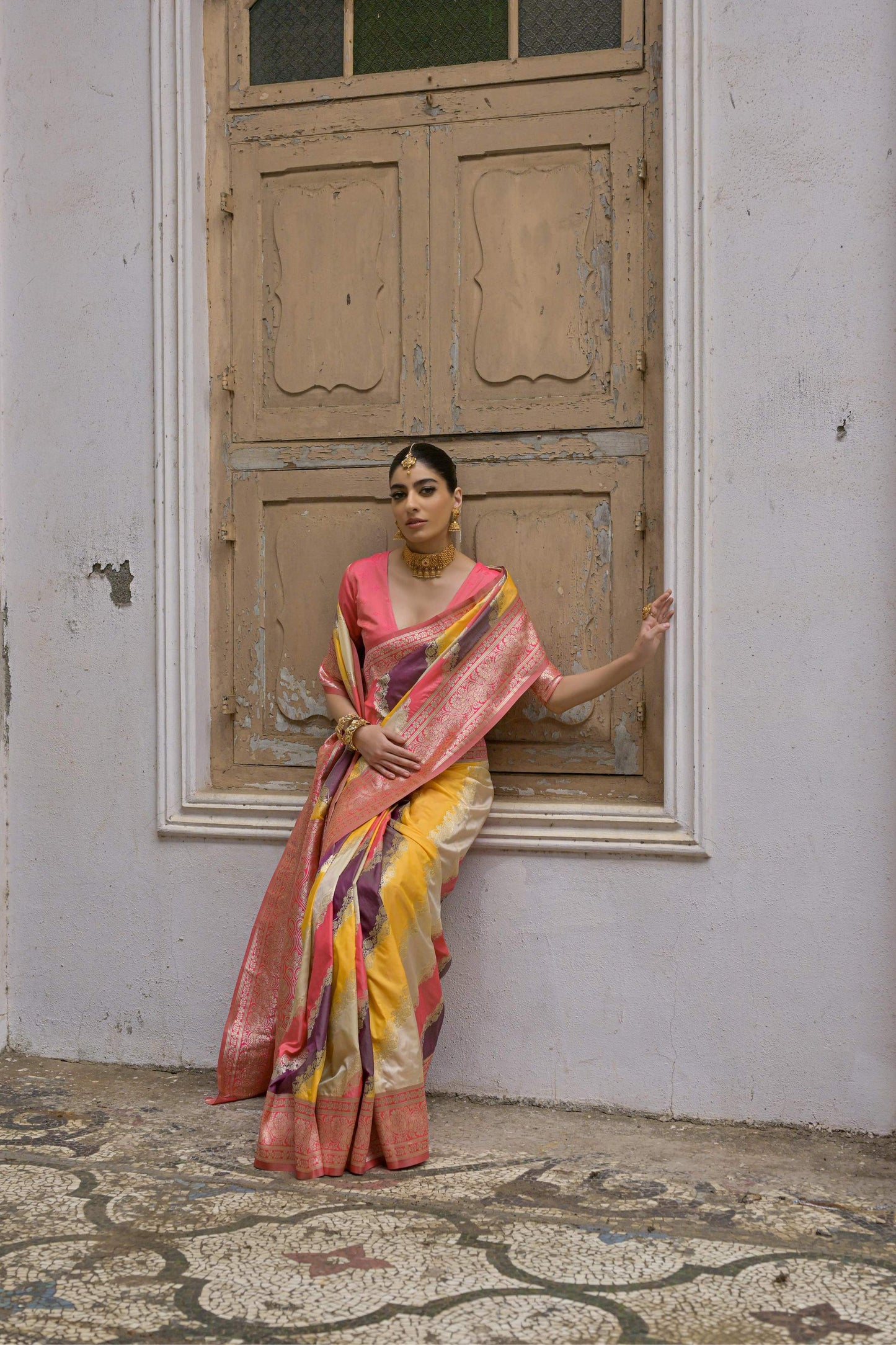 Jyoti Fashion Women's Multicolor Banarasi Silk Zari Woven Saree with Blouse
