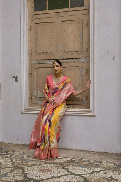 Jyoti Fashion Women's Multicolor Banarasi Silk Zari Woven Saree with Blouse