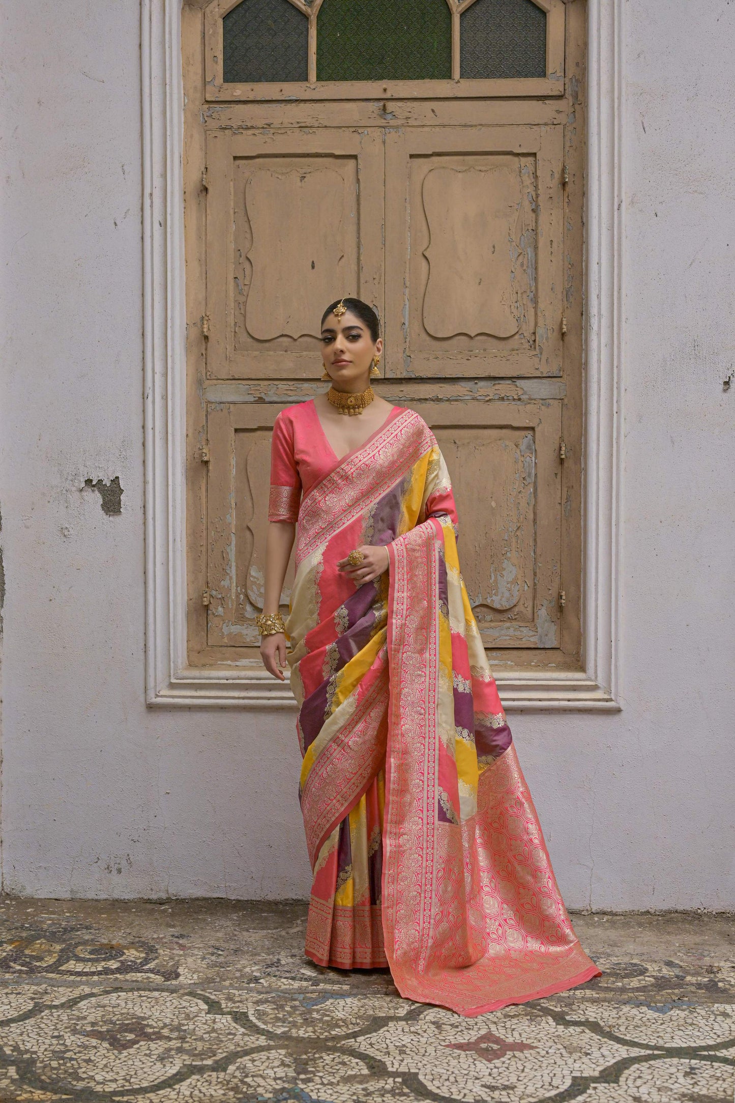 Jyoti Fashion Women's Multicolor Banarasi Silk Zari Woven Saree with Blouse