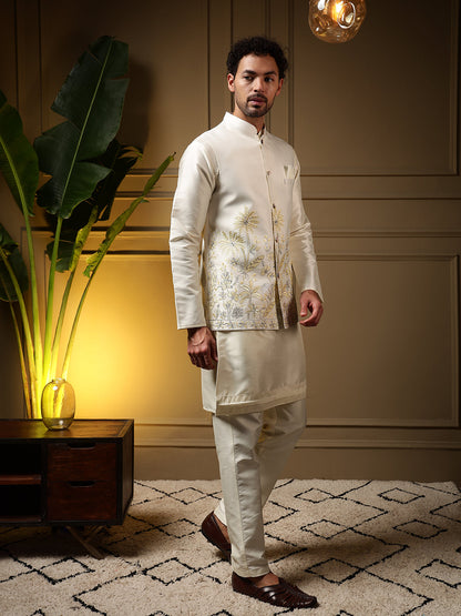 Jyoti Fashion Men's Yellow Slub Silk Sequins Embroidered Kurta Set with Koti