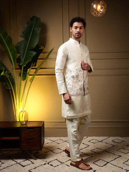 Jyoti Fashion Men's Peach Slub Silk Sequins Embroidered Kurta Set with Koti