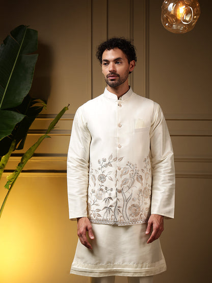 Jyoti Fashion Men's Peach Slub Silk Sequins Embroidered Kurta Set with Koti