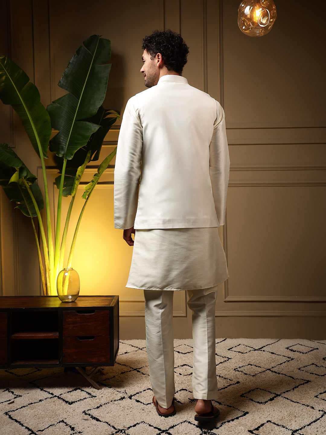 Jyoti Fashion Men's Peach Slub Silk Sequins Embroidered Kurta Set with Koti