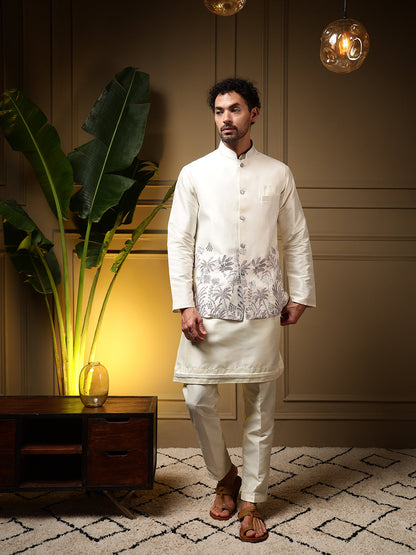 Jyoti Fashion Men's Purple Slub Silk Sequins Embroidered Kurta Set with Koti