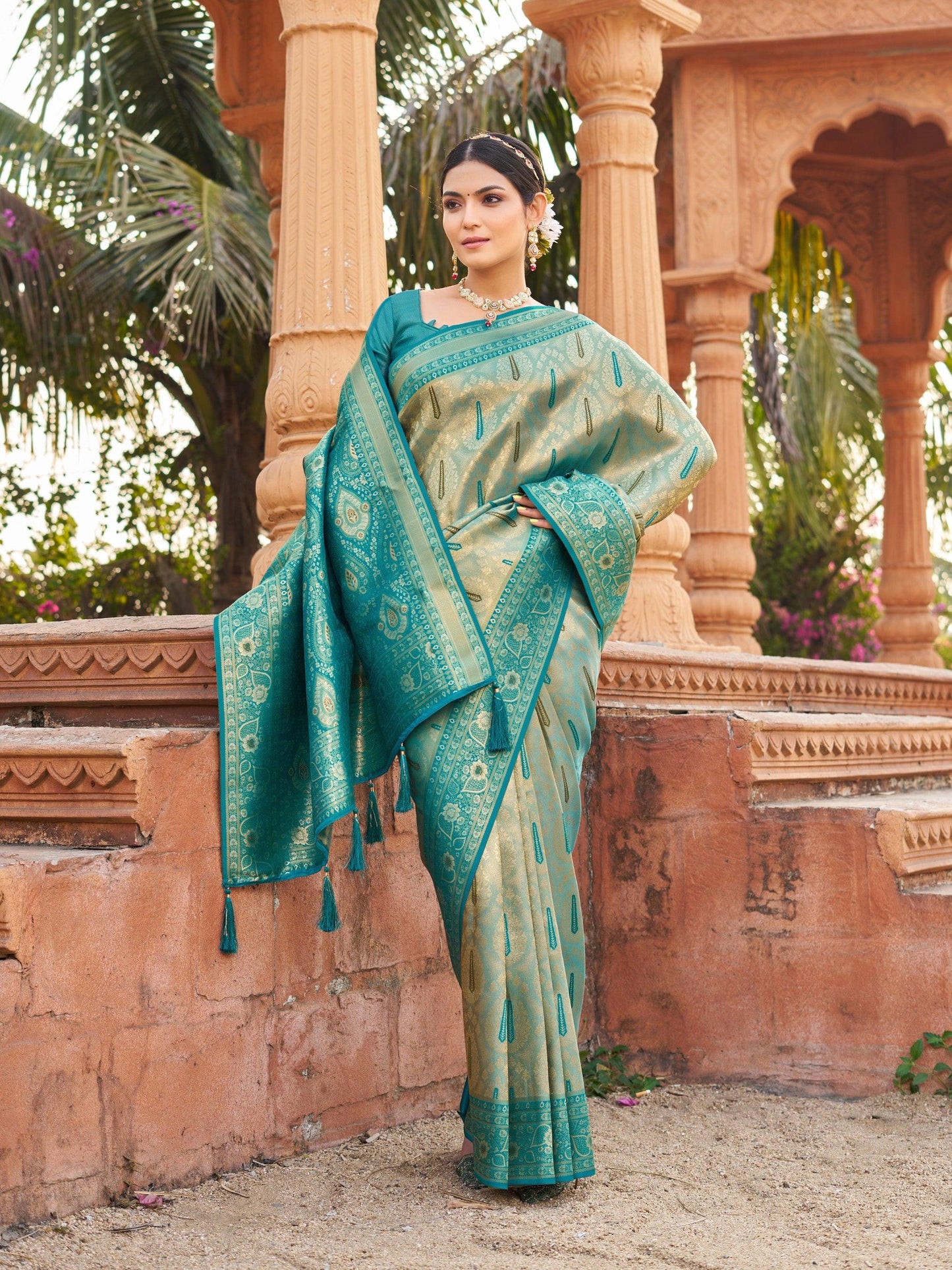 Jyoti Fashion Women's Teal Soft Banarasi Silk Zari Woven Saree with Blouse