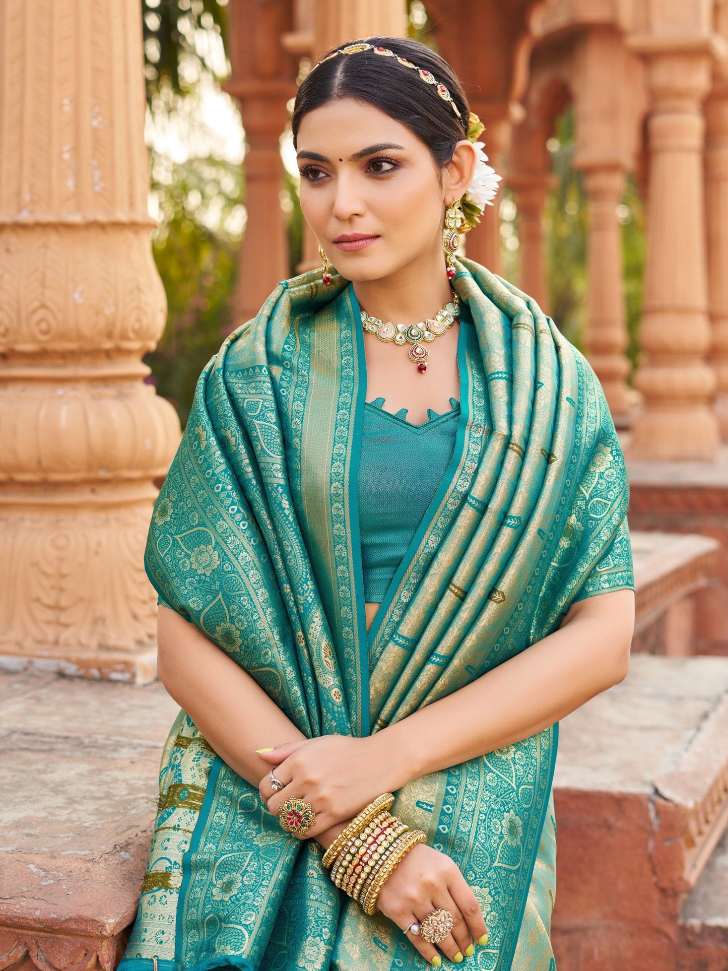 Jyoti Fashion Women's Teal Soft Banarasi Silk Zari Woven Saree with Blouse