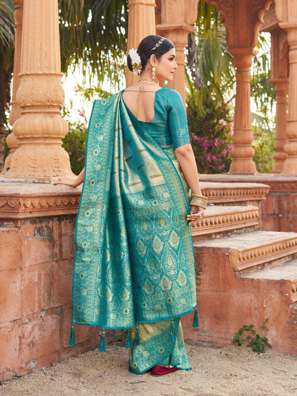 Jyoti Fashion Women's Teal Soft Banarasi Silk Zari Woven Saree with Blouse