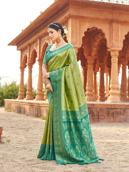 Jyoti Fashion Women's Green Soft Banarasi Silk Zari Woven Saree with Blouse