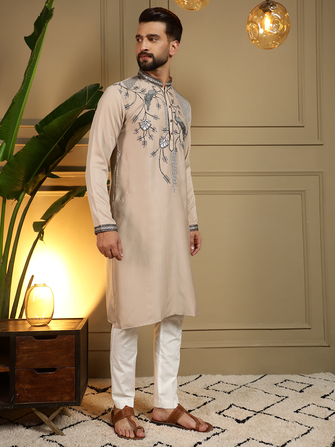 Jyoti Fashion Men's Beige Viscose Silk Sequins Embroidered Kurta with Pajama