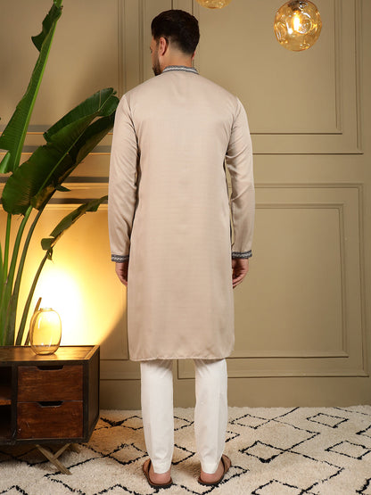 Jyoti Fashion Men's Beige Viscose Silk Sequins Embroidered Kurta with Pajama