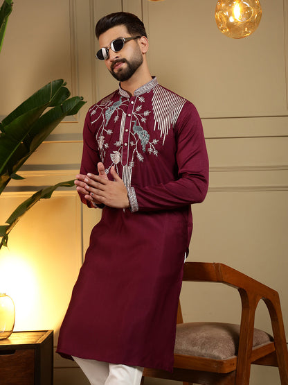 Jyoti Fashion Men's Maroon Viscose Silk Sequins Embroidered Kurta with Pajama