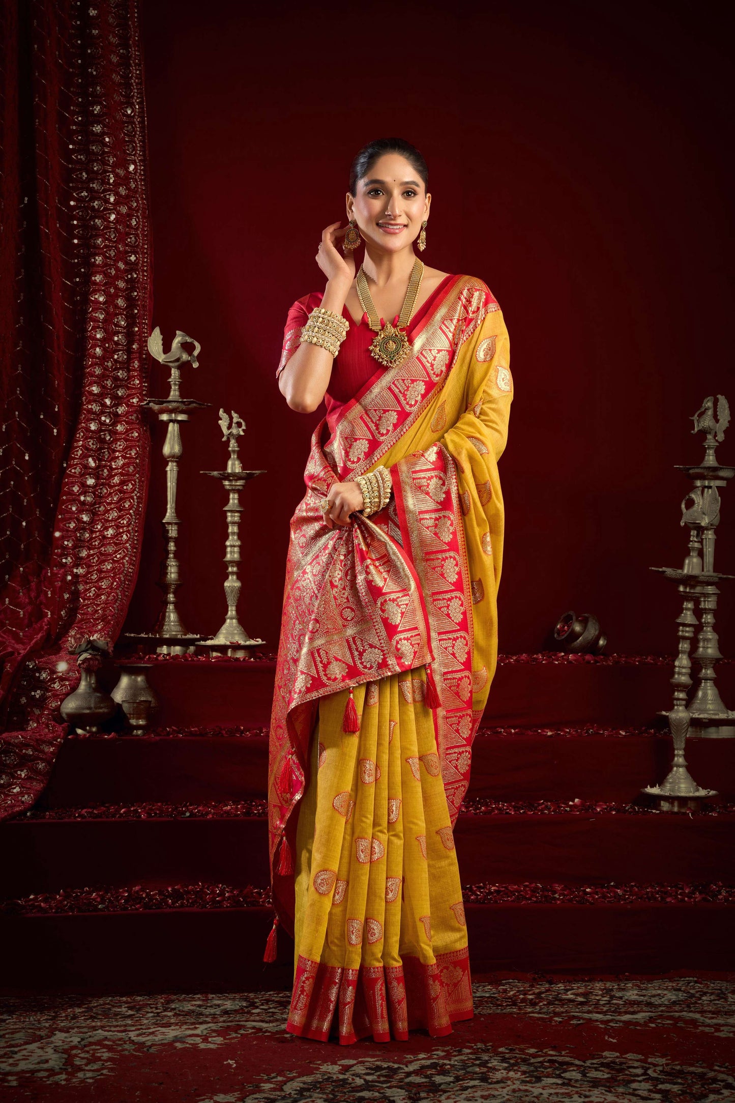 Jyoti Fashion Women's Yellow Modal Banarasi Zari Woven Saree with Blouse