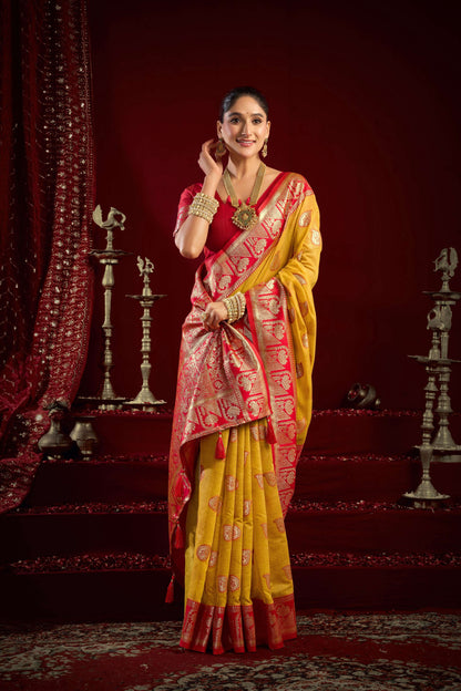 Jyoti Fashion Women's Yellow Modal Banarasi Zari Woven Saree with Blouse
