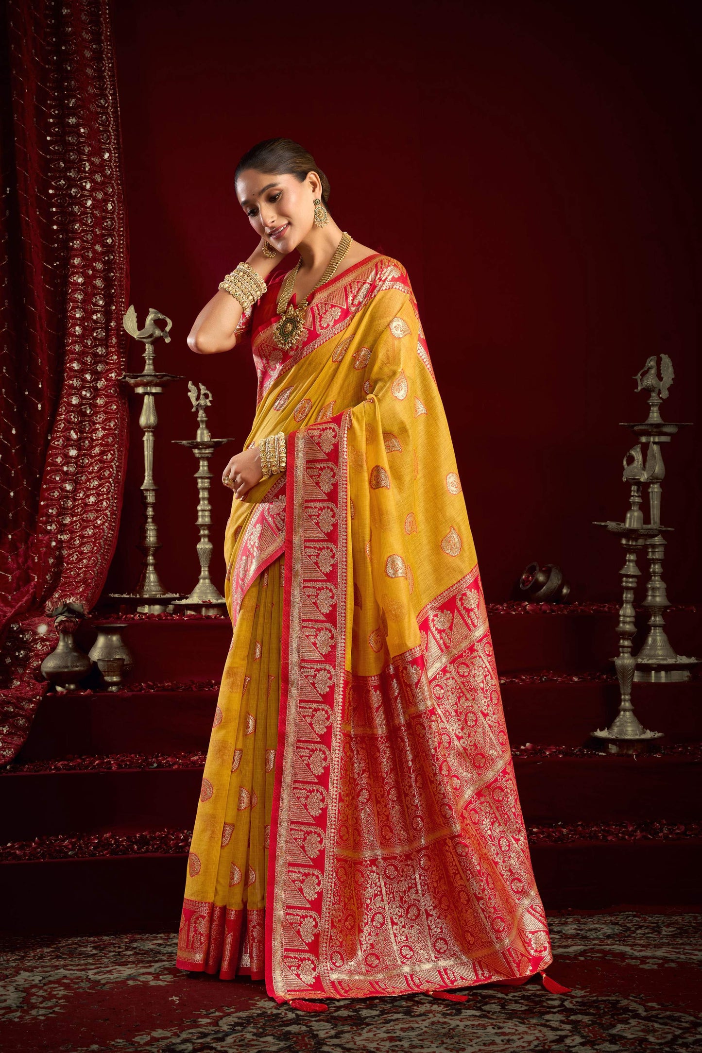Jyoti Fashion Women's Yellow Modal Banarasi Zari Woven Saree with Blouse