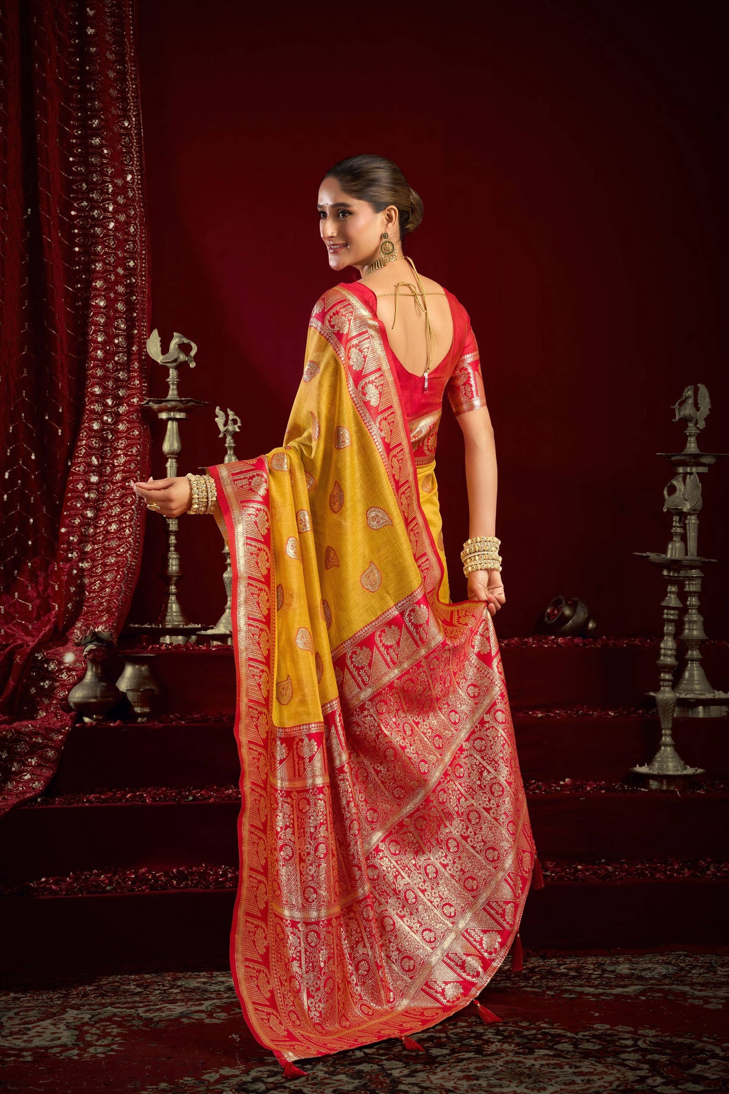 Jyoti Fashion Women's Yellow Modal Banarasi Zari Woven Saree with Blouse