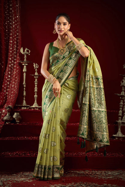 Jyoti Fashion Women's Pista Green Modal Banarasi Zari Woven Saree with Blouse