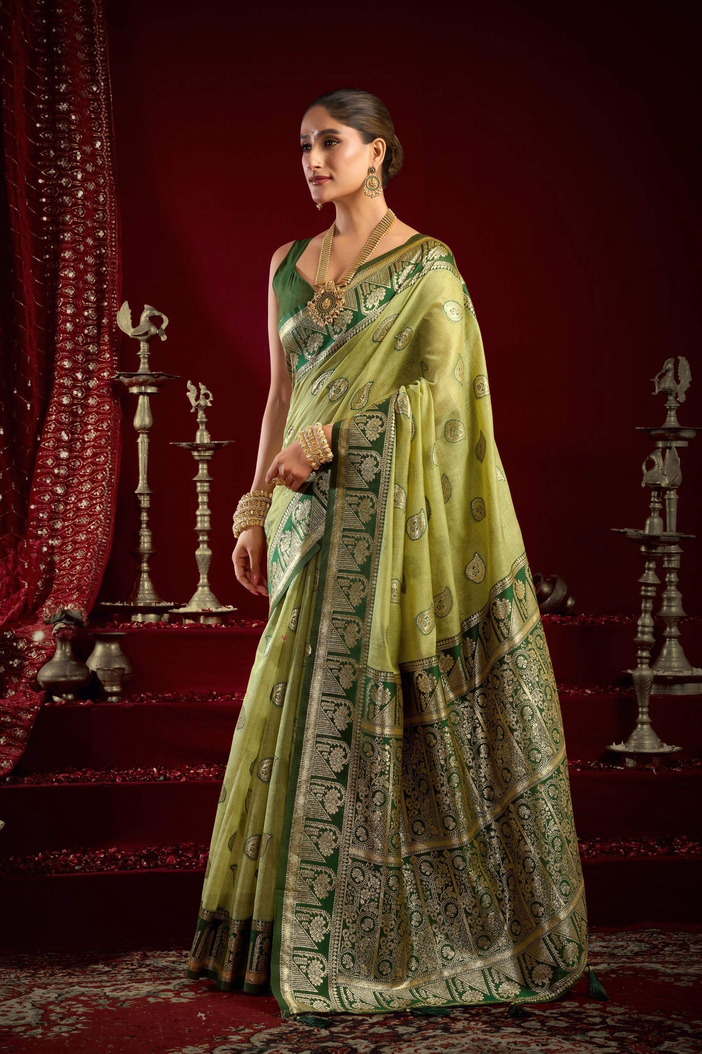 Jyoti Fashion Women's Pista Green Modal Banarasi Zari Woven Saree with Blouse