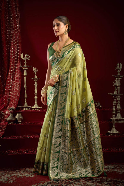 Jyoti Fashion Women's Pista Green Modal Banarasi Zari Woven Saree with Blouse