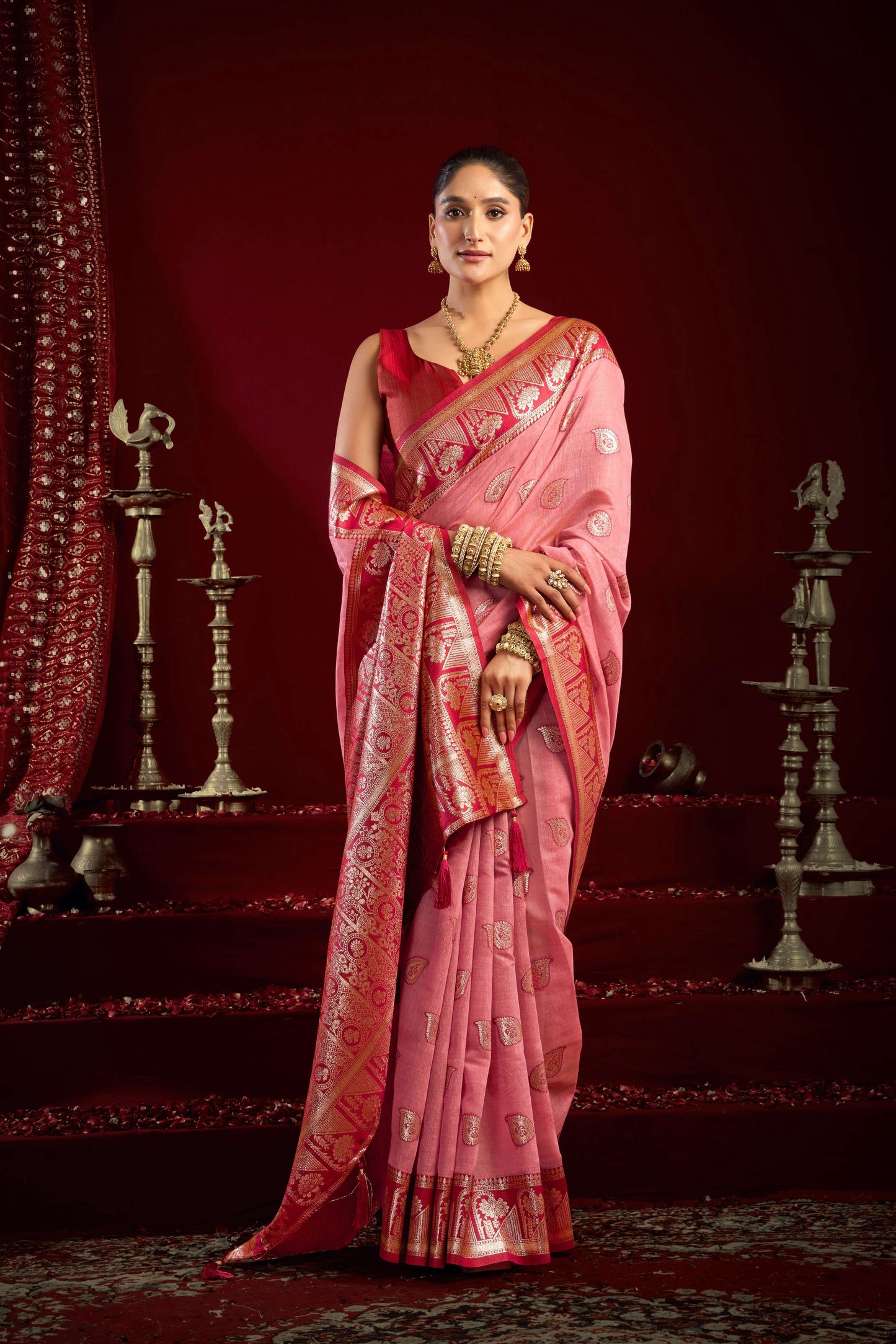 Jyoti Fashion Women's Baby Pink Modal Banarasi Zari Woven Saree with Blouse