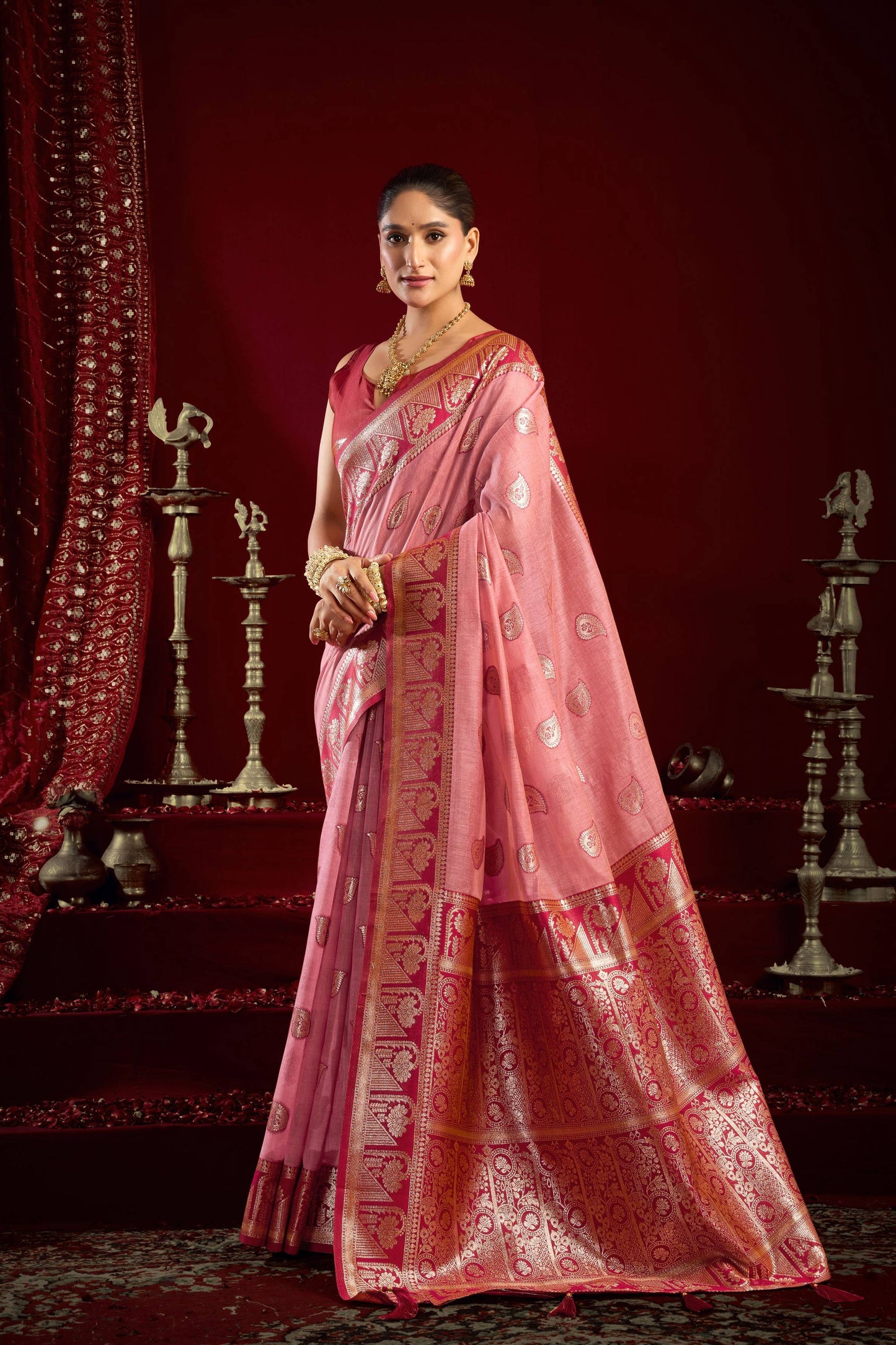 Jyoti Fashion Women's Baby Pink Modal Banarasi Zari Woven Saree with Blouse