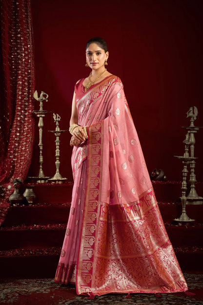 Jyoti Fashion Women's Baby Pink Modal Banarasi Zari Woven Saree with Blouse