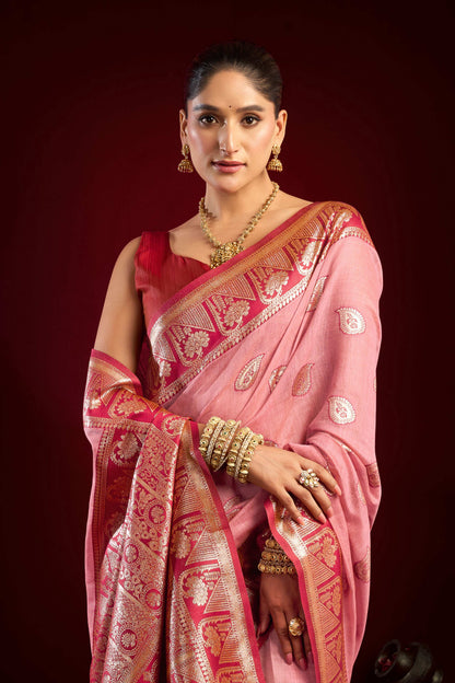 Jyoti Fashion Women's Baby Pink Modal Banarasi Zari Woven Saree with Blouse