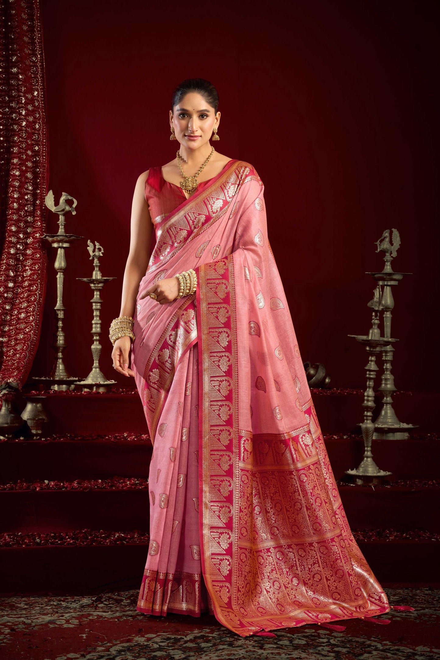 Jyoti Fashion Women's Baby Pink Modal Banarasi Zari Woven Saree with Blouse