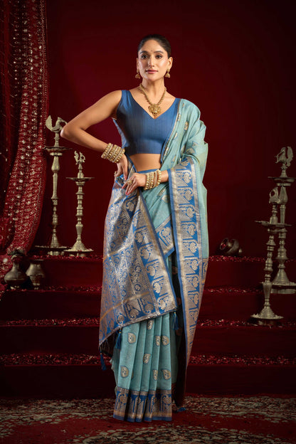 Jyoti Fashion Women's Sky Blue Modal Banarasi Zari Woven Saree with Blouse