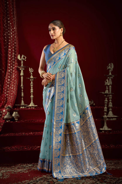 Jyoti Fashion Women's Sky Blue Modal Banarasi Zari Woven Saree with Blouse