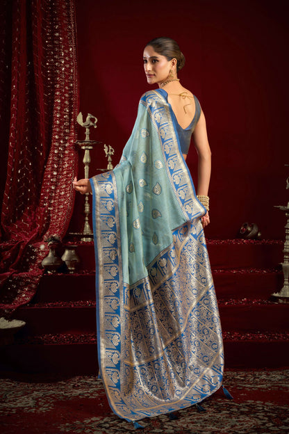 Jyoti Fashion Women's Sky Blue Modal Banarasi Zari Woven Saree with Blouse