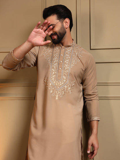 Jyoti Fashion Men's Beige Armani Lachka Sequins Embroidered Kurta with Pajama