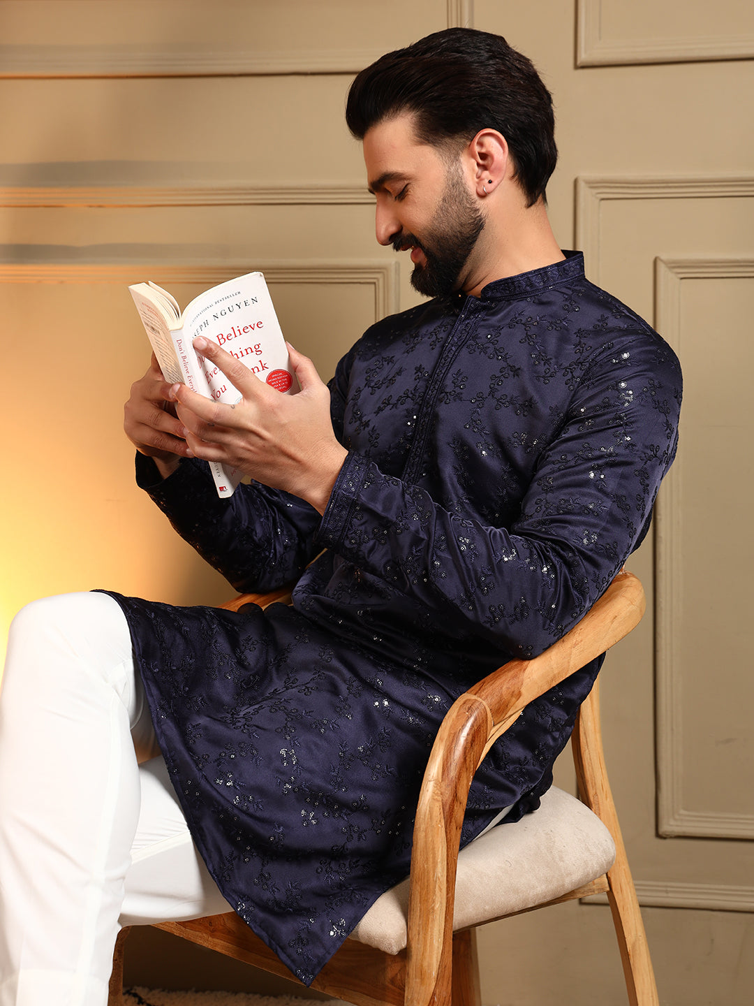 Jyoti Fashion Men's Navy Blue Royal Silk Sequins Embroidered Kurta with Pajama