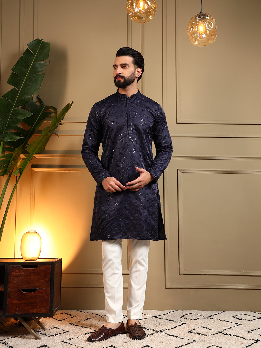 Jyoti Fashion Men's Navy Blue Royal Silk Sequins Embroidered Kurta with Pajama