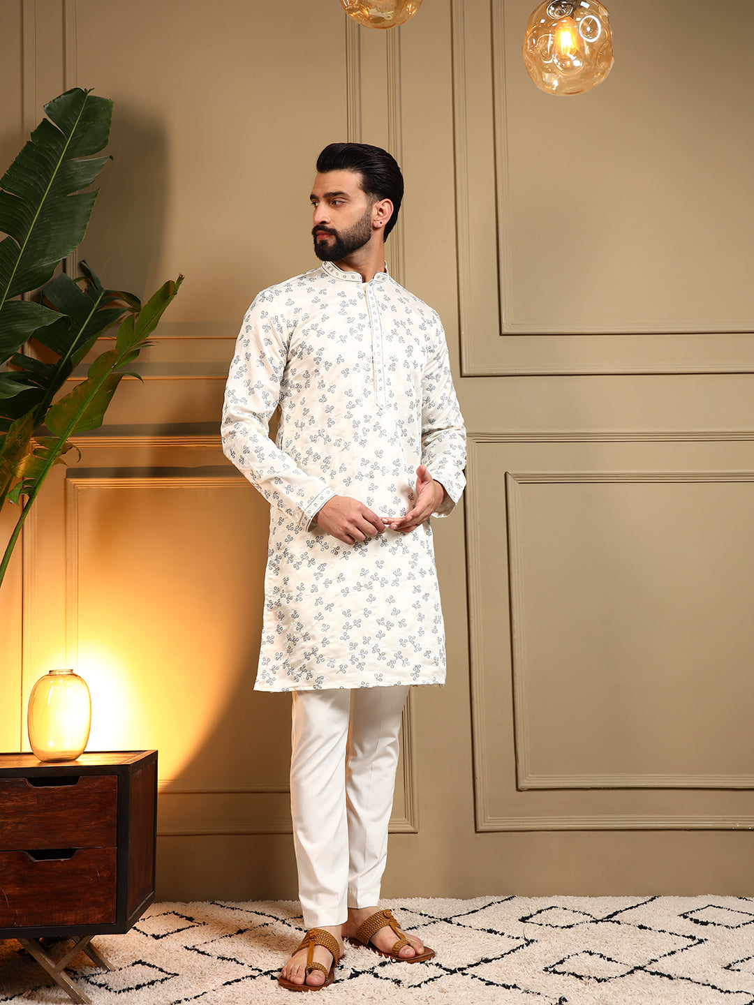 Jyoti Fashion Men's Off White Royal Silk Sequins Embroidered Kurta with Pajama