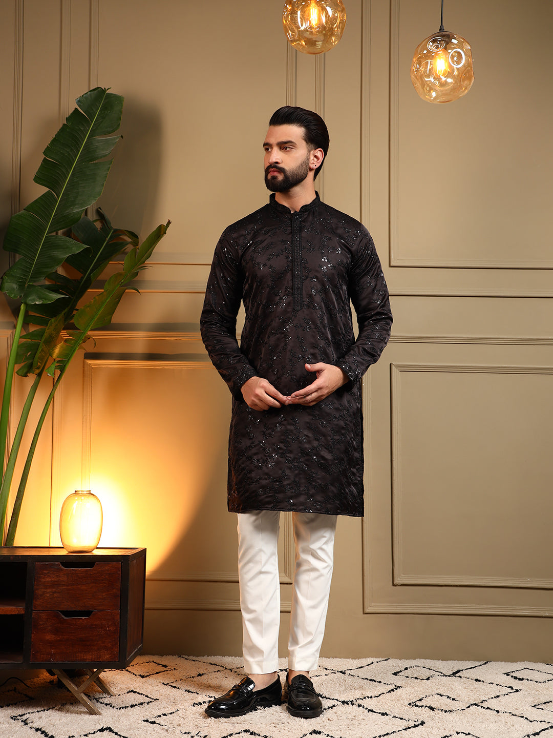 Jyoti Fashion Men's Black Royal Silk Sequins Embroidered Kurta with Pajama