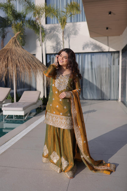 Jyoti Fashion Mustard Fendy Chiffon Embroidered Designer Sharara & Sets