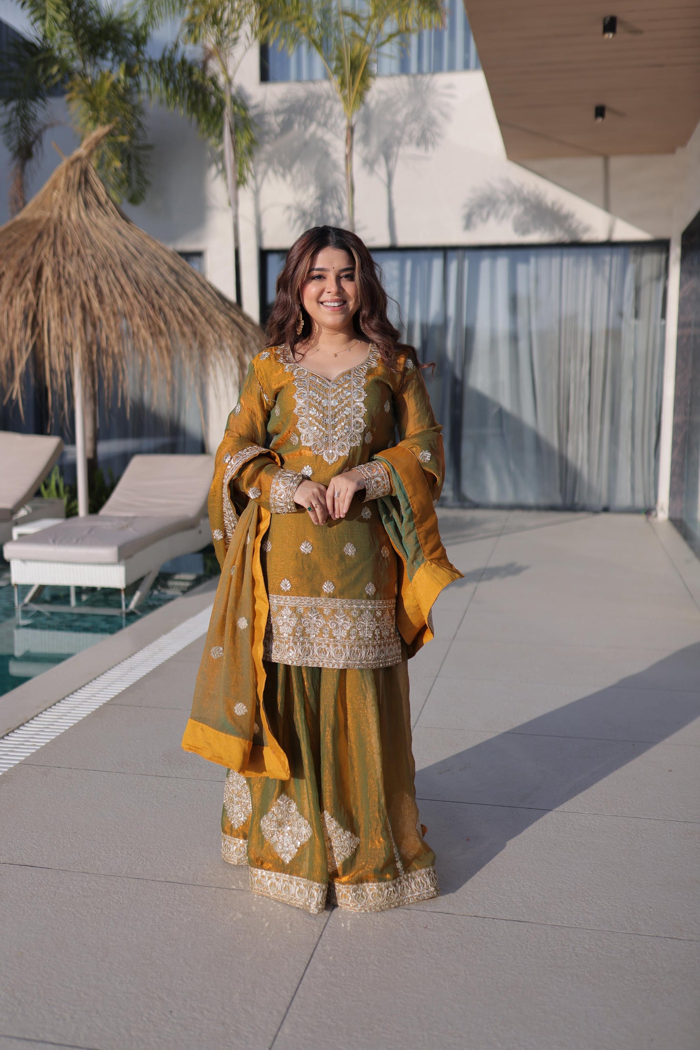 Jyoti Fashion Mustard Fendy Chiffon Embroidered Designer Sharara & Sets