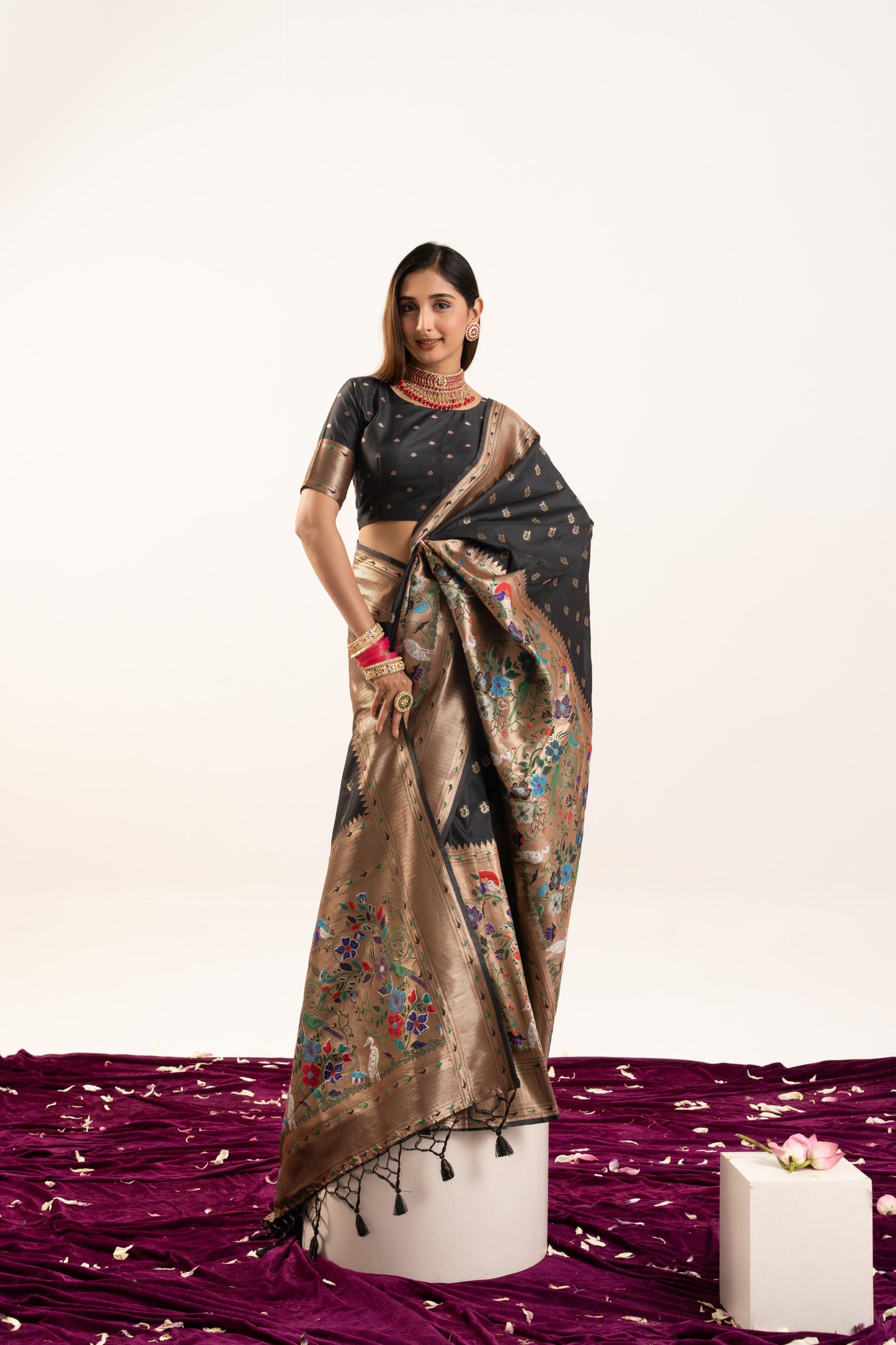 Jyoti Fashion Women's Black Soft Banarasi Silk Zari Woven Saree with Blouse