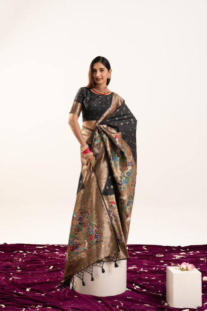 Jyoti Fashion Women's Black Soft Banarasi Silk Zari Woven Saree with Blouse