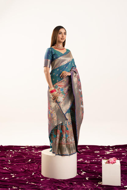 Jyoti Fashion Women's Rama Soft Banarasi Silk Zari Woven Saree with Blouse