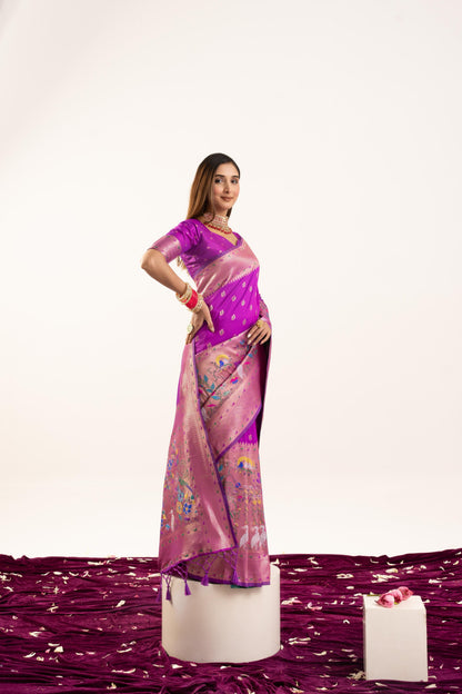 Jyoti Fashion Women's Wine Soft Banarasi Silk Zari Woven Saree with Blouse