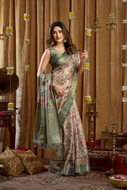 Jyoti Fashion Women's Sea Green Banarasi Digital Cluster Print Saree with Blouse