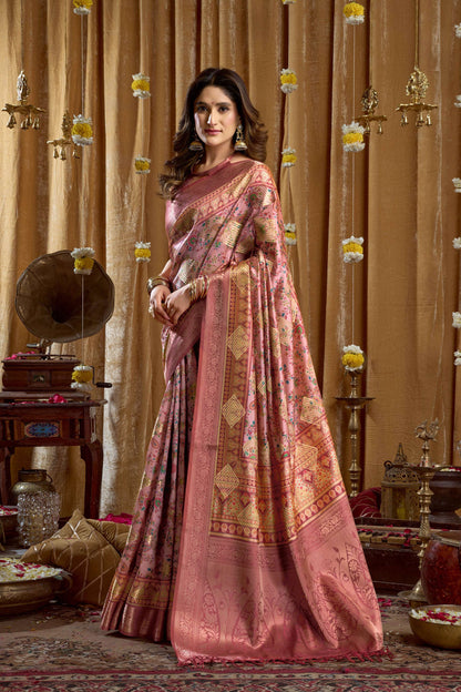 Jyoti Fashion Women's Pink Banarasi Digital Cluster Print Saree with Blouse