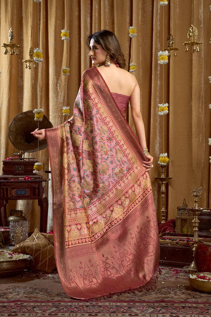 Jyoti Fashion Women's Pink Banarasi Digital Cluster Print Saree with Blouse