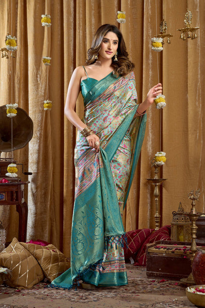 Jyoti Fashion Women's Turquoise Banarasi Digital Cluster Print Saree with Blouse